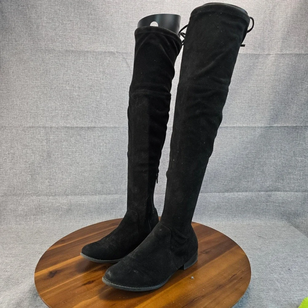Black Over The Knee Boots Faux Suede Side Zip Tie Back Women Size‎ 8